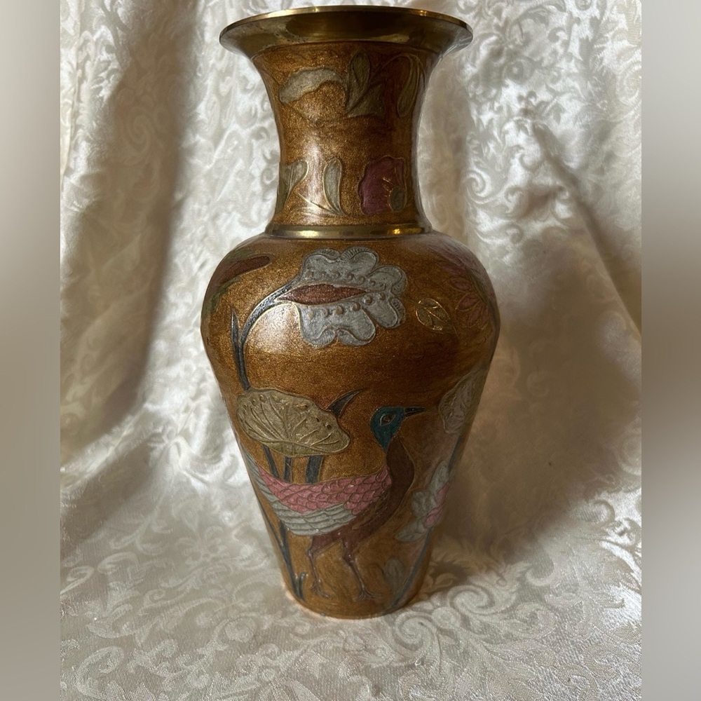 Elegant Brass Enameled Vase with Floral and Bird Design Made in India